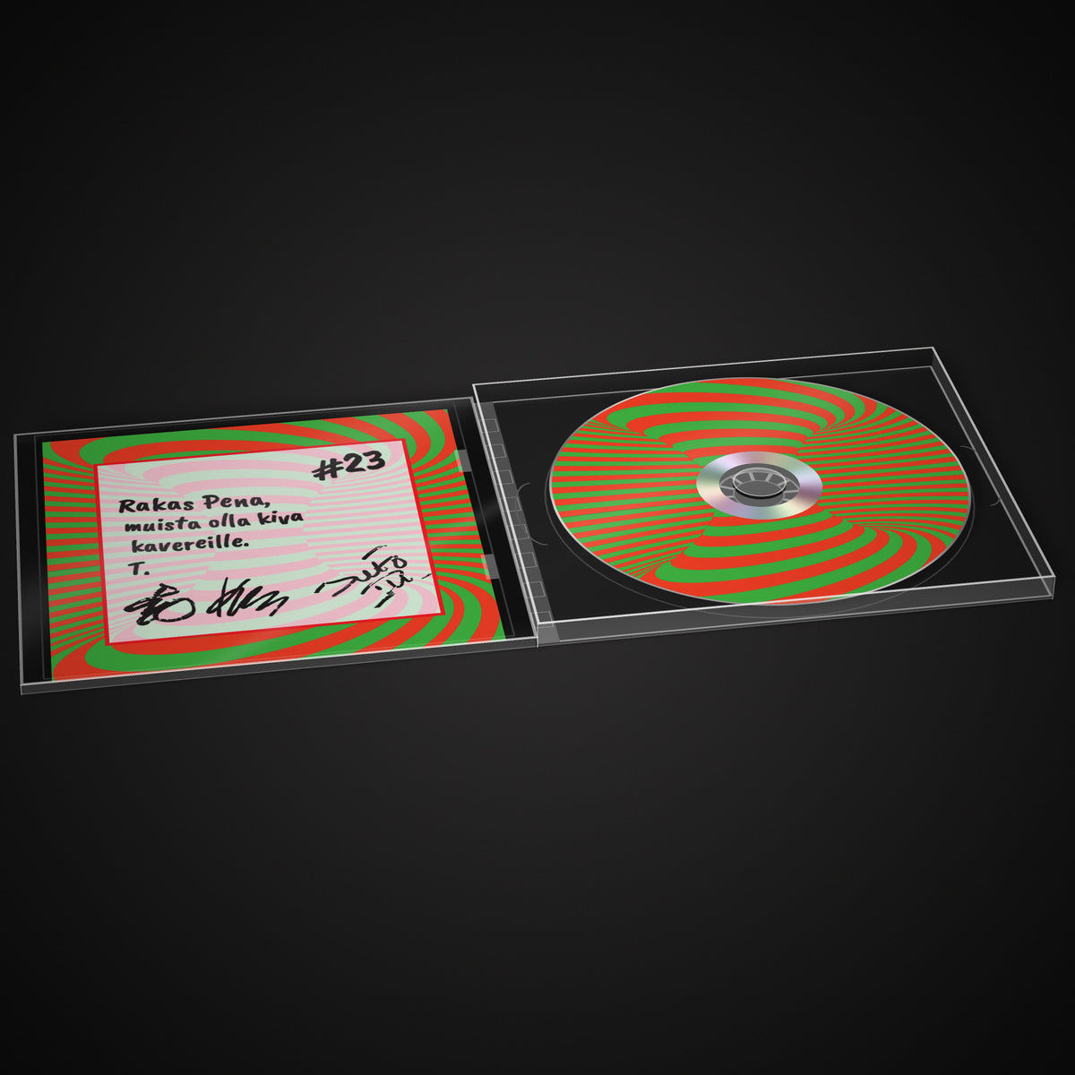 Avattu läpinäkyvä CD-kotelo ylhäältä