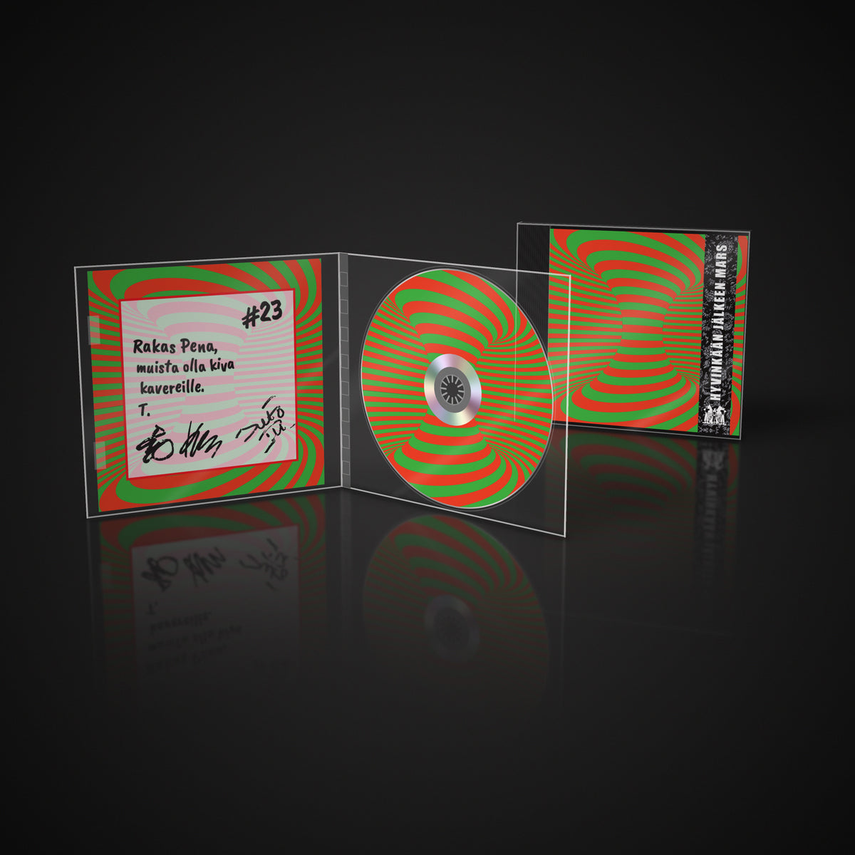 Hyvinkään jälkeen Mars Limited Edition CD: avattu kotelo, jossa nimmaroitu omistus ja levy, sekä suljettu kotelo